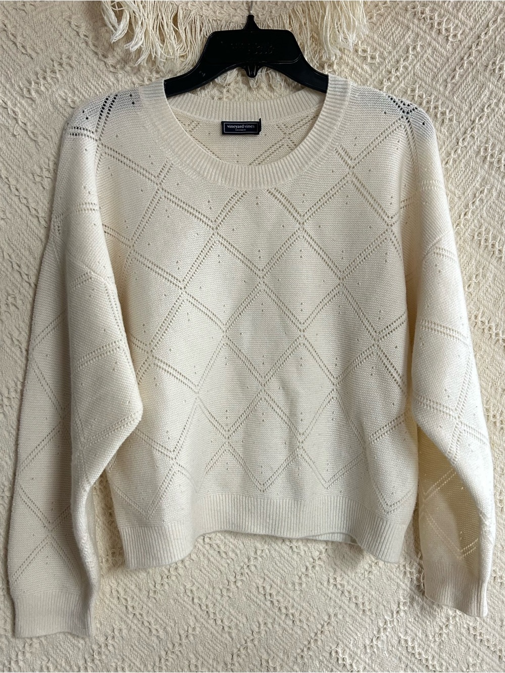 Vineyard Vines Ivory Diamond Pointelle Crewneck Cashmere Sweater